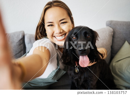 Selfie, love and woman with dog on home sofa to relax and play with animal. Pet owner, care and asian person influencer with companion, smile and friendship or social media profile picture and memory Selfie, love and woman with dog on home sofa to relax and play with animal. Pet owner, care and asian person influencer with companion, smile and friendship or social media profile picture and memory 138103757