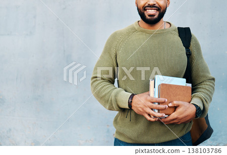 Man on wall background, university books and smile with mockup on campus for education with backpack. Learn, study and happy college student on grey space with information, knowledge and opportunity. 138103786