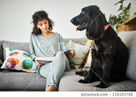Woman, reading a book and a dog on home sofa to relax with animal in a living room. Pet owner, happiness and a young person on a couch with love, care and wellness or friendship in a cozy apartment 138103788