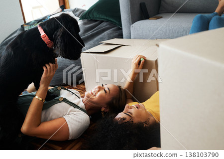 Moving, boxes and couple with a dog in home, living room or women relax together on floor bonding with puppy or pet. New house, happiness or people with love for animal and investment in property Moving, boxes and couple with a dog in home, living room or women relax together on floor bonding with puppy or pet. New house, happiness or people with love for animal and investment in property 138103790