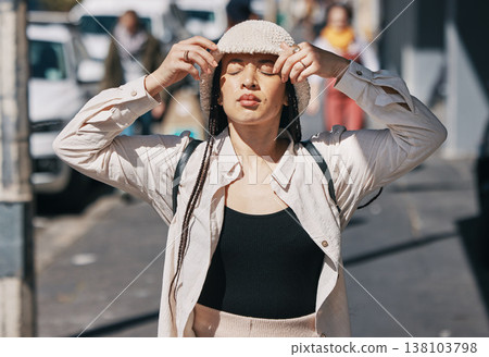 Fashion, summer and freedom with a woman in the city for travel or outdoor shopping for retail style. Street, peace and quiet with a young gen z person in an urban town for fresh air during the day 138103798
