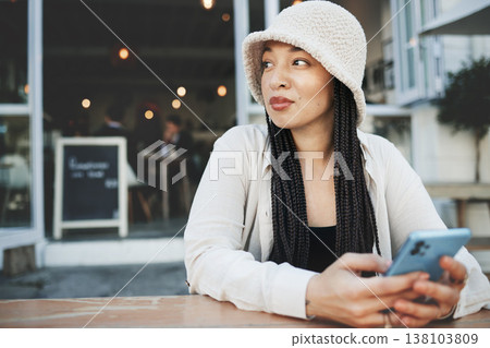 Woman, thinking and phone for communication, network and internet chat with technology or connectivity. Smartphone, person and connection or online scroll for information, conversation and texting 138103809