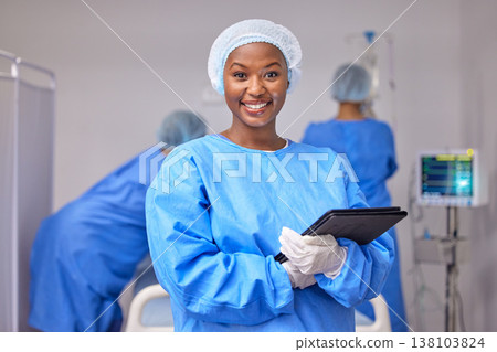 Smile, portrait and a black woman in surgery with a tablet for information, research and a schedule. Happy, hospital and an African surgeon or nurse with technology in a theater for communication Smile, portrait and a black woman in surgery with a tablet for information, research and a schedule. Happy, hospital and an African surgeon or nurse with technology in a theater for communication 138103824