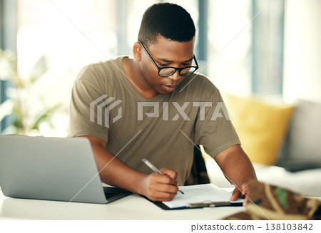 Budget, planning and black man with remote work with paperwork for accounting, finance or strategy. Entrepreneurship, house and African entrepreneur or freelance worker with a document for investment Budget, planning and black man with remote work with paperwork for accounting, finance or strategy. Entrepreneurship, house and African entrepreneur or freelance worker with a document for investment 138103842