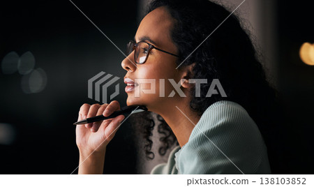 Business, night and thinking with woman, solution and deadline with planning, project and ideas. Dark, person or entrepreneur with problem solving, decision or choice with creativity or brainstorming Business, night and thinking with woman, solution and deadline with planning, project and ideas. Dark, person or entrepreneur with problem solving, decision or choice with creativity or brainstorming 138103852