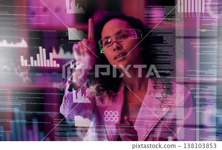 Business woman, night and screen data analysis with VR, analytics and digital overlay for future technology. Analyst, graph and IT in 3D market research and statistics with code, press and hologram Business woman, night and screen data analysis with VR, analytics and digital overlay for future technology. Analyst, graph and IT in 3D market research and statistics with code, press and hologram 138103853