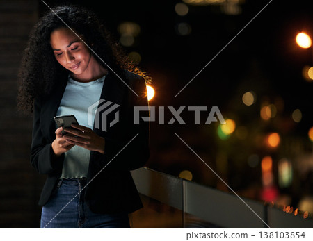 Phone, rooftop and professional woman typing internet search, scroll on website or contact social media user. City mockup space, cellphone and night person check mobile app, feedback or reading email Phone, rooftop and professional woman typing internet search, scroll on website or contact social media user. City mockup space, cellphone and night person check mobile app, feedback or reading email 138103854