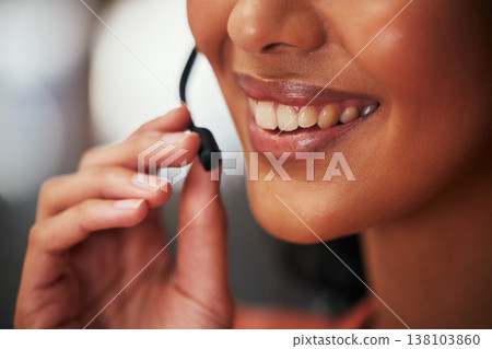 Call center headset, customer service and mouth of person talking, communication and consulting on technical support conversation. Contact us, help desk mic and telemarketing agent on consultation 138103860