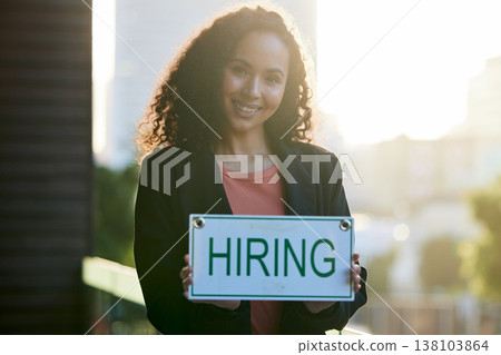Happy woman, portrait and entrepreneur with hiring sign for small business growth or recruitment. Female person, employer or business manager with billboard or poster in recruiting or job opportunity Happy woman, portrait and entrepreneur with hiring sign for small business growth or recruitment. Female person, employer or business manager with billboard or poster in recruiting or job opportunity 138103864