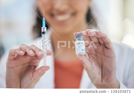 Hands, needle and vaccine bottle with person in healthcare, safe from covid with closeup, medicine and treatment. Health, syringe and immunity from virus, pharmaceutical and injection for protection Hands, needle and vaccine bottle with person in healthcare, safe from covid with closeup, medicine and treatment. Health, syringe and immunity from virus, pharmaceutical and injection for protection 138103871