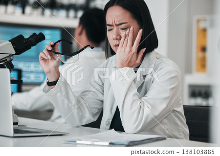 Stress, headache and scientist woman in laboratory working with microscope, tech and pharmaceutical research or results. Tired, fatigue and professional burnout in science, lab or person with pain 138103885