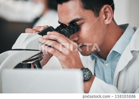 Scientist, man and medical microscope for research, DNA analysis and pharmaceutical investigation with laboratory data. Professional science person, doctor or expert with lens check for healthcare 138103886