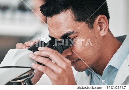 Scientist, man and microscope in laboratory research, DNA analysis and pharmaceutical development or medical study. Professional science person or doctor in biotechnology and lens check of particles 138103887