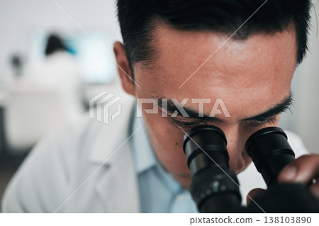 Man, scientist and microscope in forensic study, research or science discovery at laboratory. Closeup of male person, medical or specialist looking in scope for DNA, vaccine or cure to virus in lab Man, scientist and microscope in forensic study, research or science discovery at laboratory. Closeup of male person, medical or specialist looking in scope for DNA, vaccine or cure to virus in lab 138103890