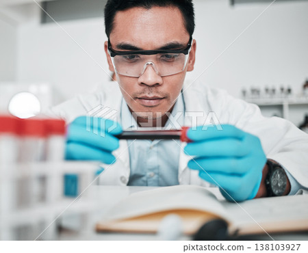 Science, blood test and man in laboratory for medical analysis, health inspection or vaccine development. Asian scientist studying tube for dna results, chemistry investigation or planning assessment 138103927