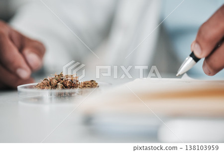 Petri dish, hand and scientist writing for plant and ecology research in a lab for analysis. Science work, notes and laboratory worker and person with paperwork, medical report and test for grass 138103959