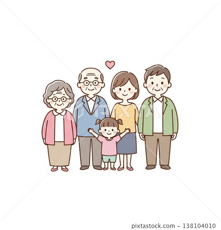 簡潔可愛的日本三代家庭插畫；笑容燦爛的日本家庭；扁平化設計，白色背景。 138104010
