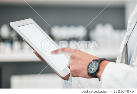 Tablet, pharmacy and hands of person with mockup space for advertising, wellness app and telehealth. Healthcare, pharmaceutical and worker on digital tech for medical service, medicine and research 138104079