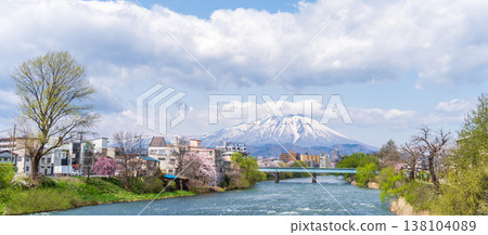 Springtime views of the Kitakami River and Mount Iwate from Yugaose Bridge in Morioka City, Iwate Prefecture. Springtime views of the Kitakami River and Mount Iwate from Yugaose Bridge in Morioka City, Iwate Prefecture. 138104089