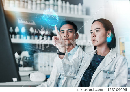 Medical, research and man with woman, hologram and futuristic with chemistry, global and cure development. Holographic, staff or coworkers with cooperation, teamwork or data analytics in a laboratory Medical, research and man with woman, hologram and futuristic with chemistry, global and cure development. Holographic, staff or coworkers with cooperation, teamwork or data analytics in a laboratory 138104096