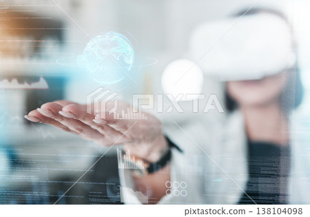 Virtual reality, overlay and hands of scientist in laboratory with globe, digital transformation and medical research on hologram. Woman, global network and futuristic vr with web innovation for work Virtual reality, overlay and hands of scientist in laboratory with globe, digital transformation and medical research on hologram. Woman, global network and futuristic vr with web innovation for work 138104098
