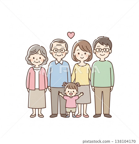 簡潔可愛的日本三代家庭插畫；笑容燦爛的日本家庭；扁平化設計，白色背景。 138104170