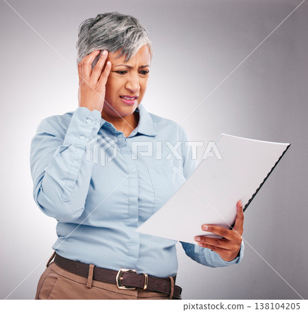 Business woman, headache and documents for financial stress, taxes error or payroll mistake in studio. Boss, accountant or confused executive with paperwork, pain and debt review on white background Business woman, headache and documents for financial stress, taxes error or payroll mistake in studio. Boss, accountant or confused executive with paperwork, pain and debt review on white background 138104205