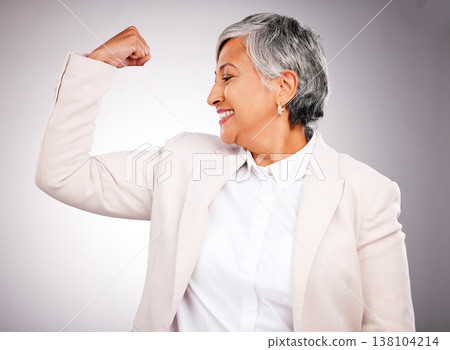 Arm flex, business and woman with a smile, strong and gender equality on a white studio background. Ceo, mature person and accountant with strength, empowerment and career with freedom and winning Arm flex, business and woman with a smile, strong and gender equality on a white studio background. Ceo, mature person and accountant with strength, empowerment and career with freedom and winning 138104214