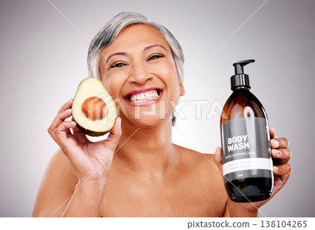 Senior woman, avocado and studio portrait for bottle, product or soap for body wash by white background. Mature female model, fruit and liquid for cleaning, beauty and skincare with organic cosmetics Senior woman, avocado and studio portrait for bottle, product or soap for body wash by white background. Mature female model, fruit and liquid for cleaning, beauty and skincare with organic cosmetics 138104265