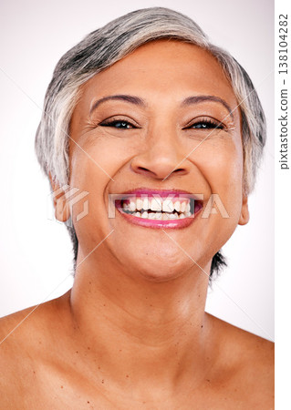 Senior, happy woman and portrait with teeth in dental, hygiene or skincare against a studio background. Closeup or face of mature female person smile for tooth whitening, mouth or oral and gum care 138104282