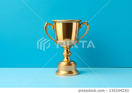 gold trophy cup on blue background, neural network generated image 138104283