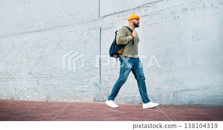 Man, walking and travel with student on wall, mockup and space in urban, campus or street in town. University, person and commute on path, road or journey to college in city with backpack Man, walking and travel with student on wall, mockup and space in urban, campus or street in town. University, person and commute on path, road or journey to college in city with backpack 138104319