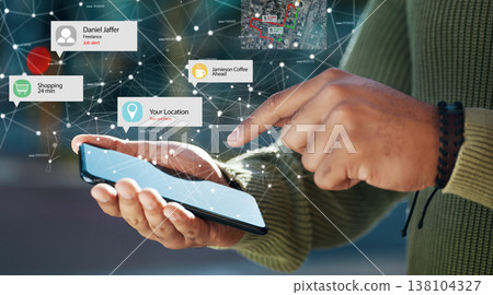 Hands, phone and hologram of icons in city communication, networking and connection or internet outdoor. Person typing on mobile app, chat and location search with plexus or outdoor augmented reality 138104327