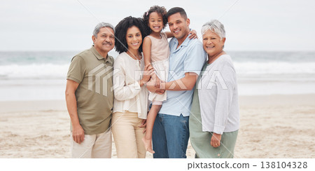 Portrait, smile and big family at beach outdoor on holiday, vacation and travel together. Happy grandparents, parents and child at ocean bonding, care and connection of father, mother and kid at sea Portrait, smile and big family at beach outdoor on holiday, vacation and travel together. Happy grandparents, parents and child at ocean bonding, care and connection of father, mother and kid at sea 138104328