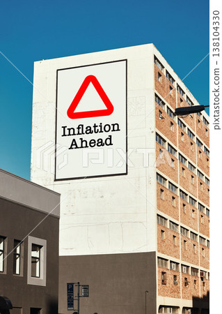 City, building and warning of inflation, caution and price increase, cost or expenses. Economy recession, apartment billboard and banner in urban town for finance crisis, problem or advertising sign 138104330