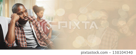 Couple, angry and silent divorce after argument on sofa, fail and banner in marriage, mad and conflict. Unhappy black people, fight and upset in toxic relationship, bokeh or overlay on breakup 138104340