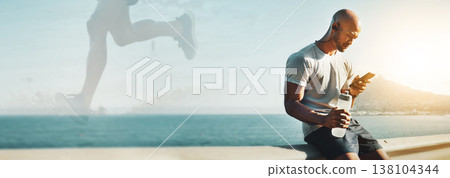 Break, fitness and banner of a man with a phone for communication, running app or exercise at the beach. Contact, water and a male runner or athlete reading training progress on a mobile with mockup Break, fitness and banner of a man with a phone for communication, running app or exercise at the beach. Contact, water and a male runner or athlete reading training progress on a mobile with mockup 138104344