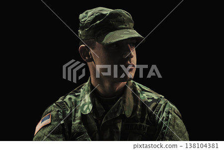 Man, soldier and war on black studio background, ptsd and patriotic in military, sad and depressed. Army, mental health issues and hero for country, service and duty with grief, thinking and veteran Man, soldier and war on black studio background, ptsd and patriotic in military, sad and depressed. Army, mental health issues and hero for country, service and duty with grief, thinking and veteran 138104381