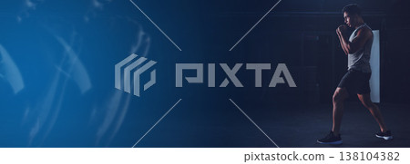 Exercise, mockup and man in gym for boxing workout, commitment and training on banner. Info space, fitness and strong athlete in fighting power challenge, boxer motivation and double exposure poster. 138104382