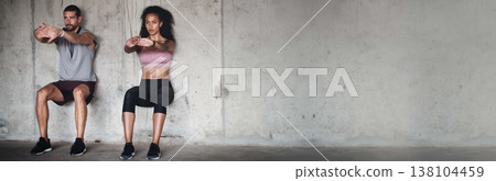 Couple, together and exercise for training on banner in mockup for health, wellness or gym. People, man and woman with wall sit for strength, endurance or power with vision, motivation and mindset Couple, together and exercise for training on banner in mockup for health, wellness or gym. People, man and woman with wall sit for strength, endurance or power with vision, motivation and mindset 138104459