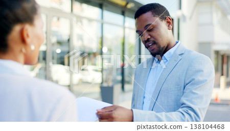 Service, offer and a businessman or salesman talking to a client about a deal in a city or town. Advice, communication and male agent having a conversation in the street with a customer for retail 138104468