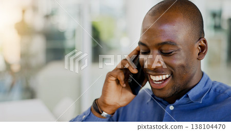 Man, laughing and phone call with client, communication and office for discussion, chat and networking. Civil engineer, conversation and happiness with project, progress and planning business mockup Man, laughing and phone call with client, communication and office for discussion, chat and networking. Civil engineer, conversation and happiness with project, progress and planning business mockup 138104470