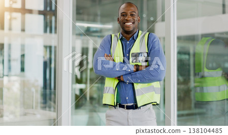 Black man, and arms crossing with reflector, real estate development and property design or career. Portrait, architecture and engineering professional in office, confident and project management Black man, and arms crossing with reflector, real estate development and property design or career. Portrait, architecture and engineering professional in office, confident and project management 138104485