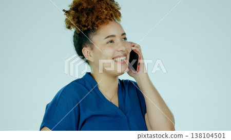 Woman, laughing or phone call on studio background for joke, communication or funny story on blue mockup space. Happy biracial person, talking or technology for good news, networking and conversation 138104501