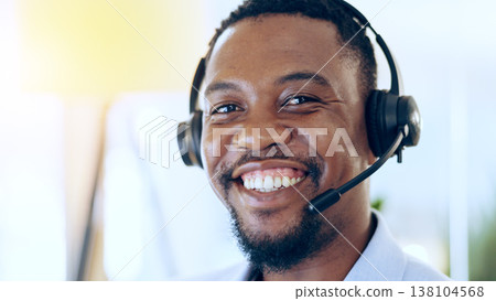 Portrait, call center and happy black man in telemarketing, support and help desk in office. Customer service, sales agent and face of African consultant, business professional and smile in Nigeria Portrait, call center and happy black man in telemarketing, support and help desk in office. Customer service, sales agent and face of African consultant, business professional and smile in Nigeria 138104568