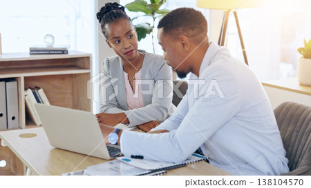 Black people, laptop and teamwork for business, planning and brainstorming strategy together in office. Computer, collaboration and African corporate consultants in discussion for research project Black people, laptop and teamwork for business, planning and brainstorming strategy together in office. Computer, collaboration and African corporate consultants in discussion for research project 138104570
