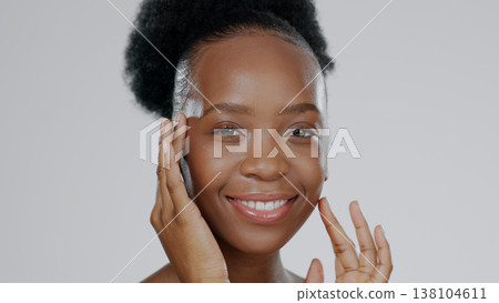 Face touch, skincare and happy black woman in studio isolated on gray background mockup space. Portrait, hands and natural cosmetics of African model in spa facial treatment, wellness or aesthetic Face touch, skincare and happy black woman in studio isolated on gray background mockup space. Portrait, hands and natural cosmetics of African model in spa facial treatment, wellness or aesthetic 138104611
