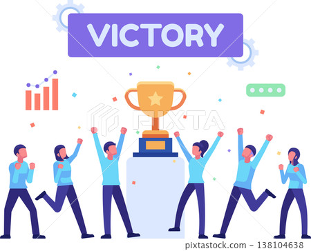 Business Team Celebrating Success with Trophy and Victory Banner Business Team Celebrating Success with Trophy and Victory Banner 138104638