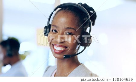 Portrait, call center and happy black woman in telemarketing, support and help desk in office. Customer service, sales agent and face of African consultant, business professional and smile in Nigeria Portrait, call center and happy black woman in telemarketing, support and help desk in office. Customer service, sales agent and face of African consultant, business professional and smile in Nigeria 138104639