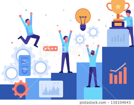 Team Celebrating Business Success with Trophy on Progress Steps 138104643